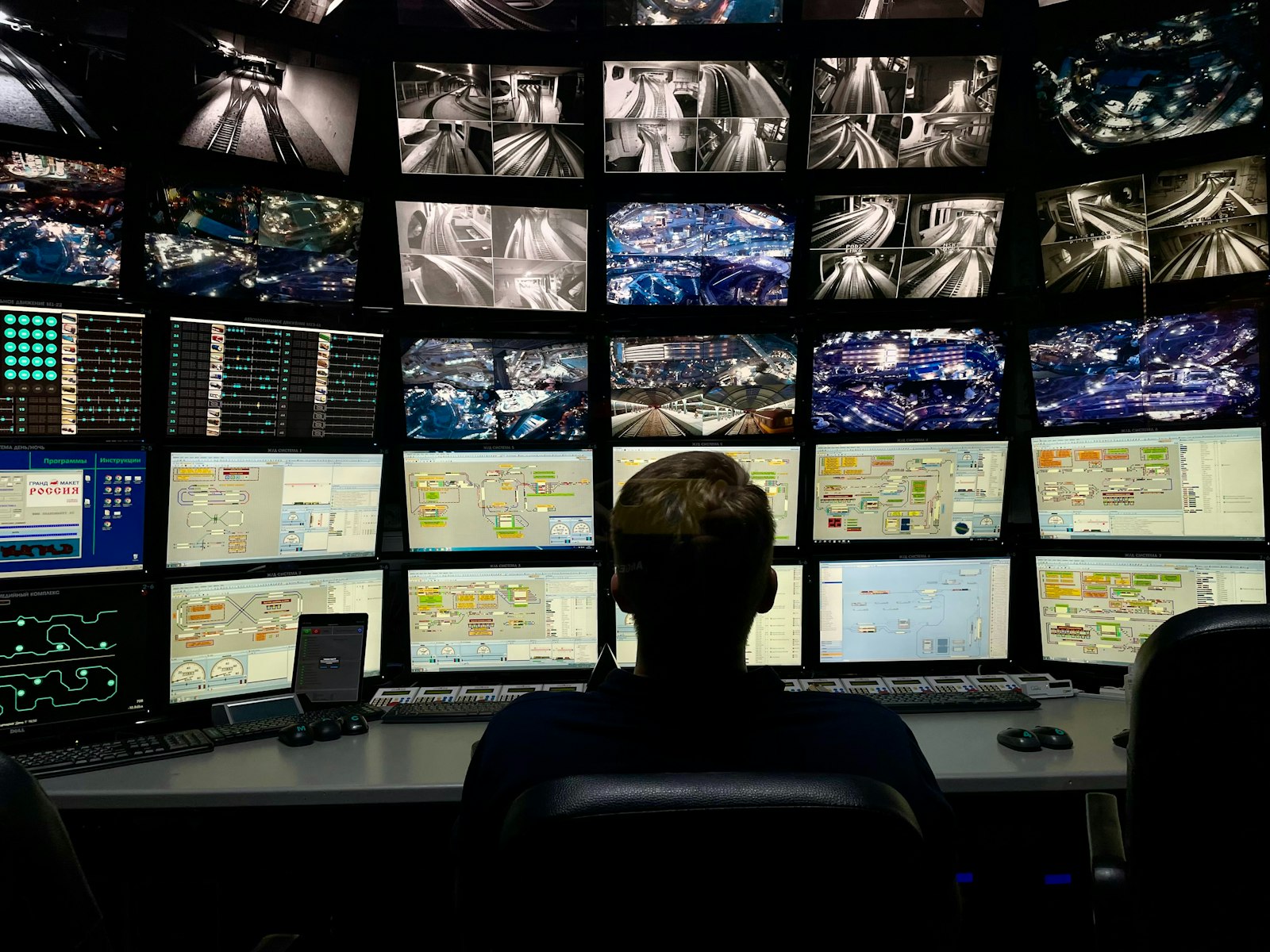 Operator monitoring a wall of CCTV surveillance feeds in a security control room